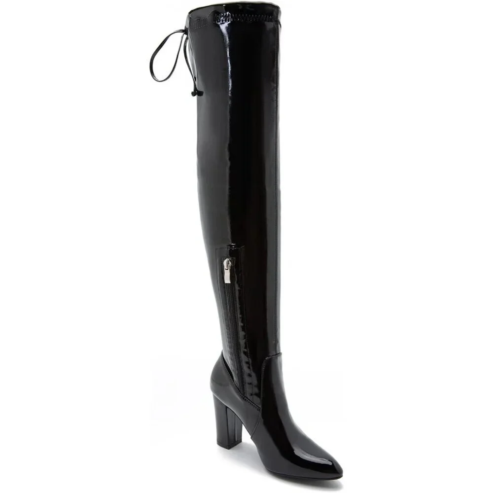 Women Black Pu Leather Pointed Toe Zipper Over The Knee Thigh High Long Boots